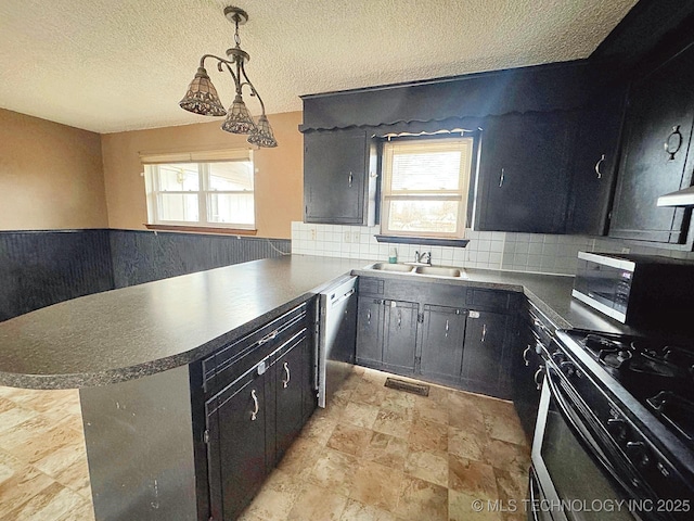 kitchen with stainless steel appliances, hanging light fixtures, sink, and a wealth of natural light