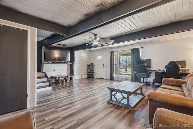 living room featuring ceiling fan, beam ceiling, hardwood / wood-style floors, and wooden ceiling