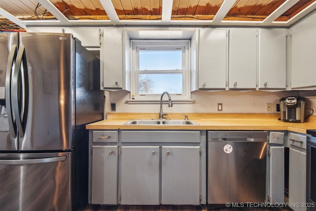 kitchen featuring wood counters, appliances with stainless steel finishes, sink, and gray cabinetry