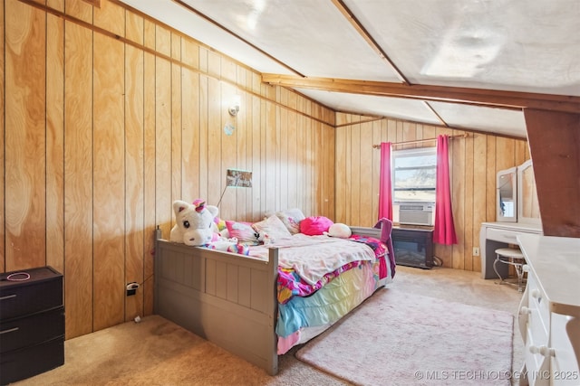 carpeted bedroom with cooling unit, wooden walls, and lofted ceiling with beams