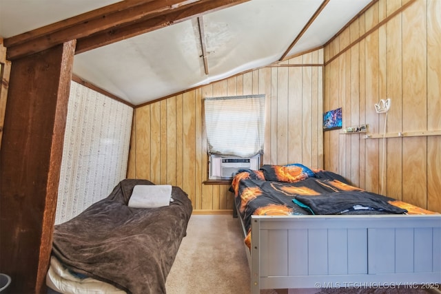 bedroom with vaulted ceiling, light carpet, wooden walls, and cooling unit