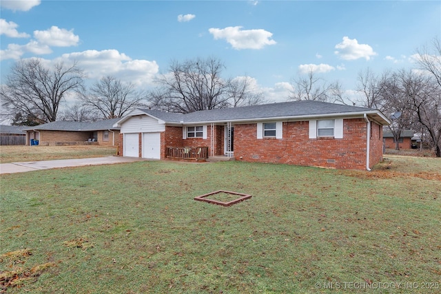 single story home with a garage and a front lawn