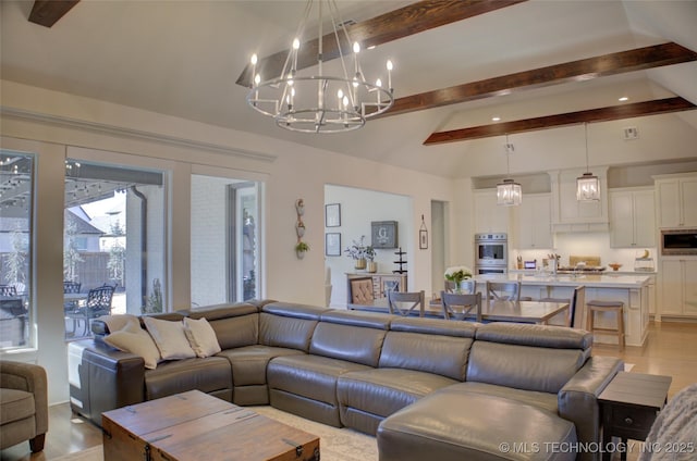 living room with a notable chandelier, beam ceiling, high vaulted ceiling, and light wood-type flooring