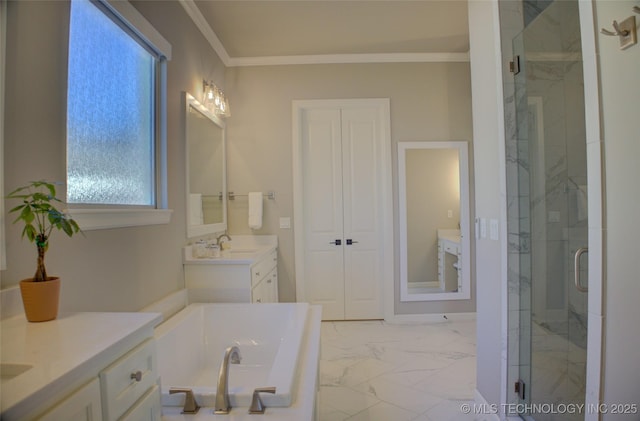 bathroom featuring ornamental molding, separate shower and tub, and vanity