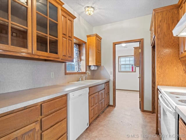 kitchen with sink, white appliances, range hood, and a textured ceiling