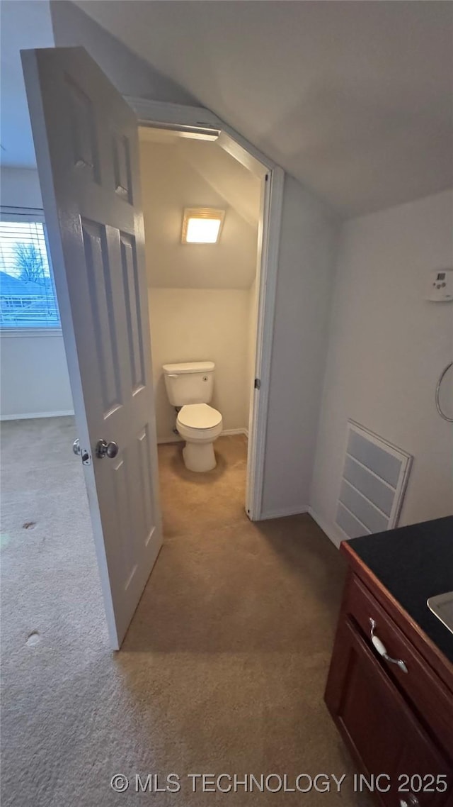 bathroom with vanity, lofted ceiling, and toilet