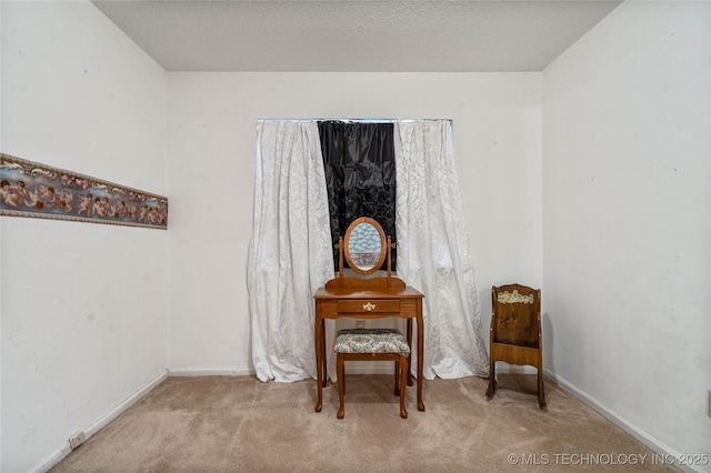 sitting room with light colored carpet and a textured ceiling