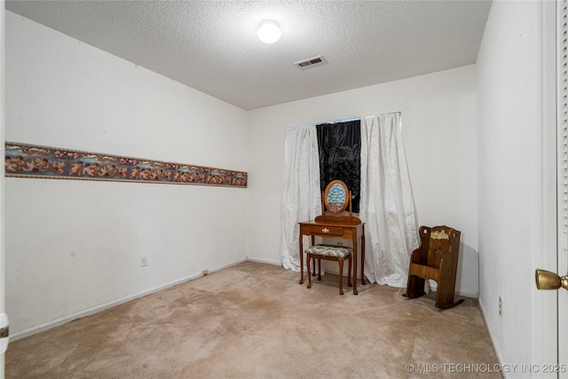 interior space featuring light carpet and a textured ceiling