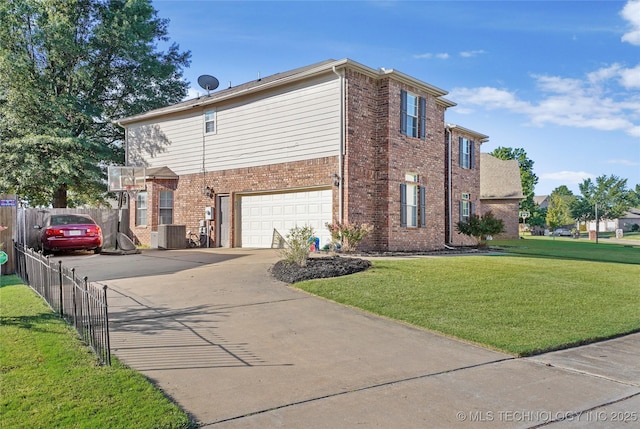 view of home's exterior featuring cooling unit, a garage, and a yard