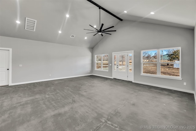 unfurnished living room featuring beamed ceiling, ceiling fan, a wealth of natural light, and high vaulted ceiling