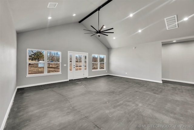 unfurnished living room featuring beamed ceiling, ceiling fan, and high vaulted ceiling