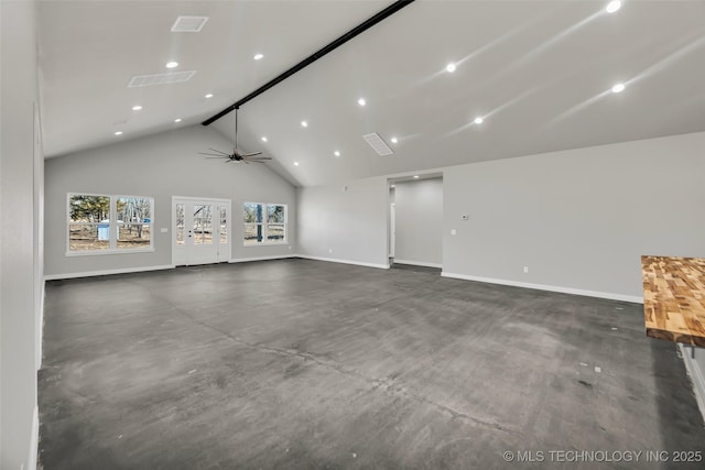 unfurnished living room featuring beamed ceiling, ceiling fan, and high vaulted ceiling