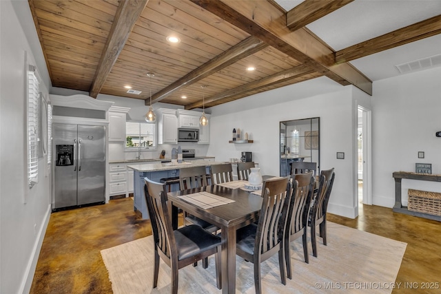 dining space with wood ceiling, beam ceiling, concrete flooring, and sink