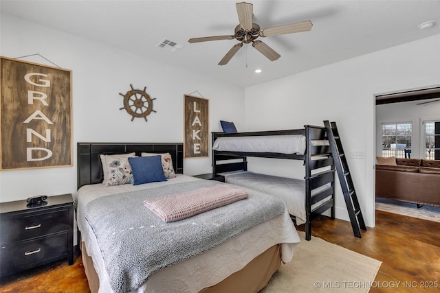 bedroom featuring concrete floors and ceiling fan