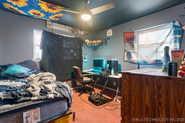 bedroom featuring ceiling fan and carpet