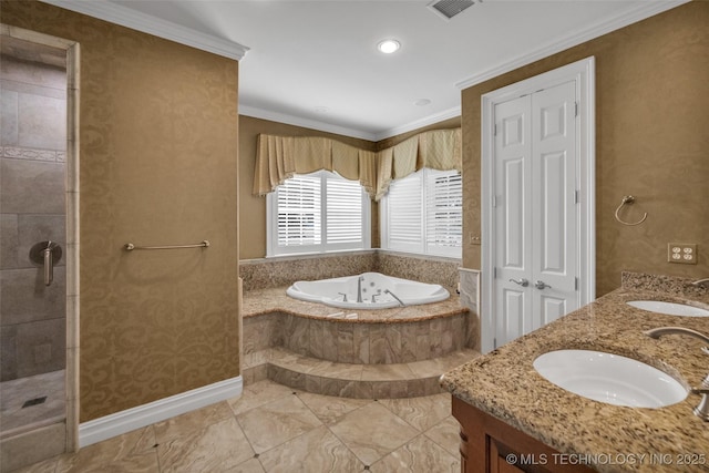 bathroom with ornamental molding, separate shower and tub, and vanity