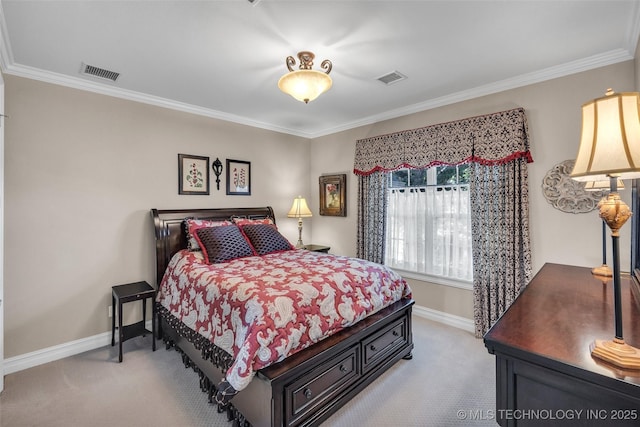 bedroom featuring crown molding and light carpet