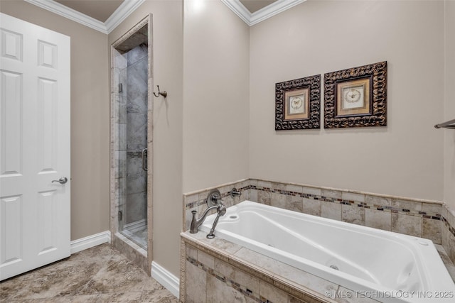 bathroom with crown molding and plus walk in shower