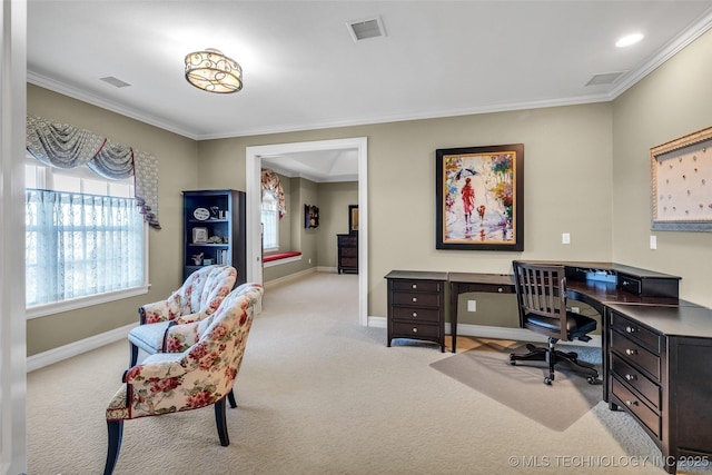 carpeted home office with ornamental molding