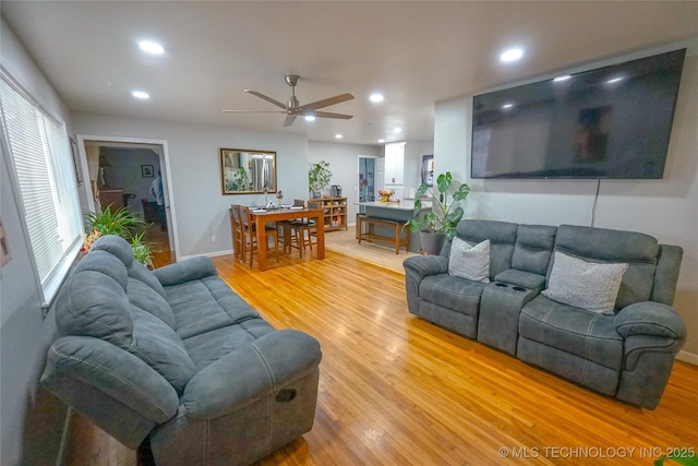 living room with wood-type flooring and ceiling fan