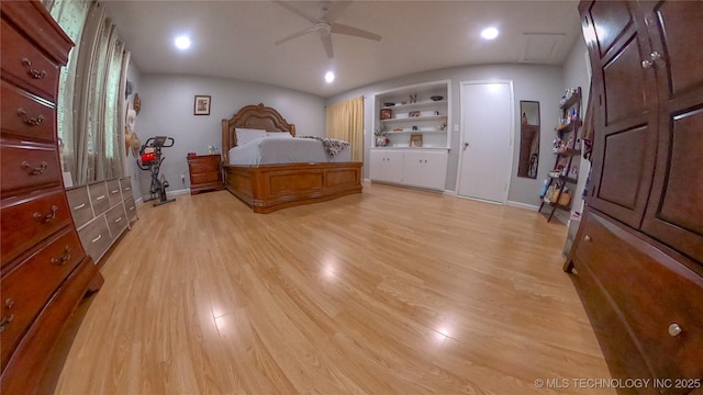 bedroom featuring ceiling fan and light wood-type flooring