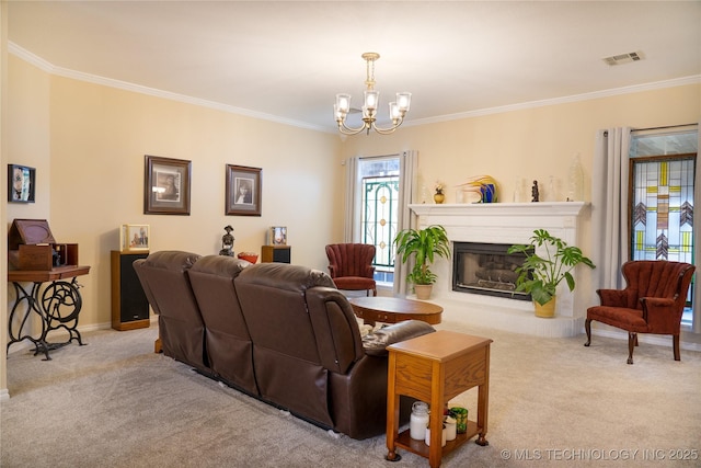 living room featuring light carpet, a notable chandelier, and ornamental molding