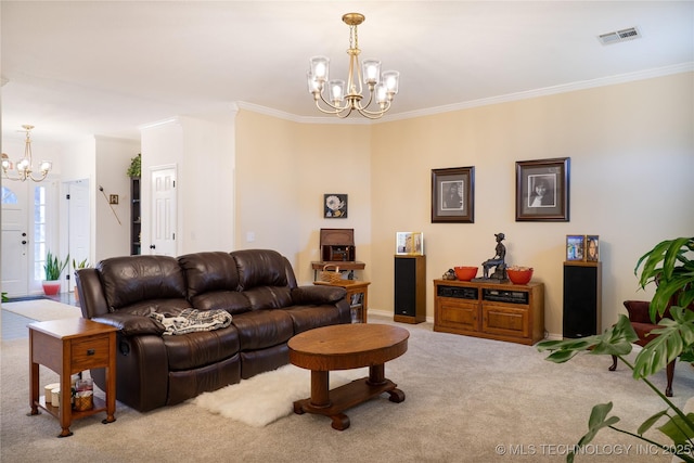 living room featuring light carpet, crown molding, and a chandelier