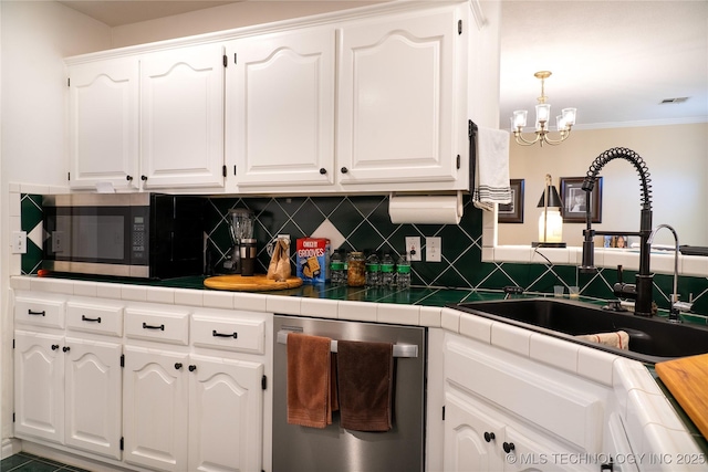 kitchen featuring sink, white cabinetry, backsplash, stainless steel appliances, and tile countertops