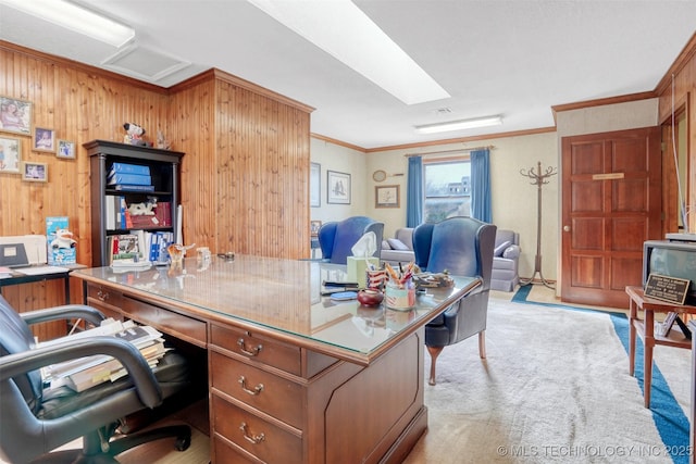 carpeted office featuring crown molding