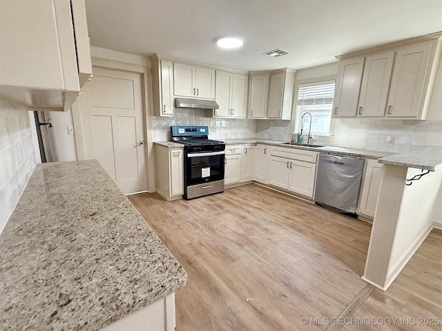 kitchen with sink, white cabinetry, light stone counters, stainless steel appliances, and light hardwood / wood-style floors