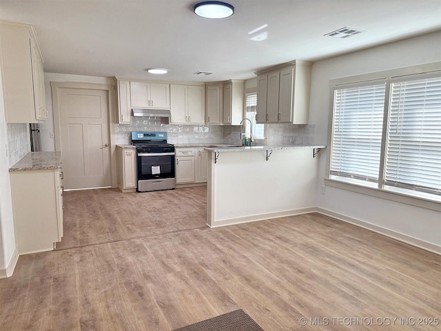 kitchen featuring backsplash, stainless steel range with gas stovetop, light hardwood / wood-style floors, a kitchen bar, and kitchen peninsula