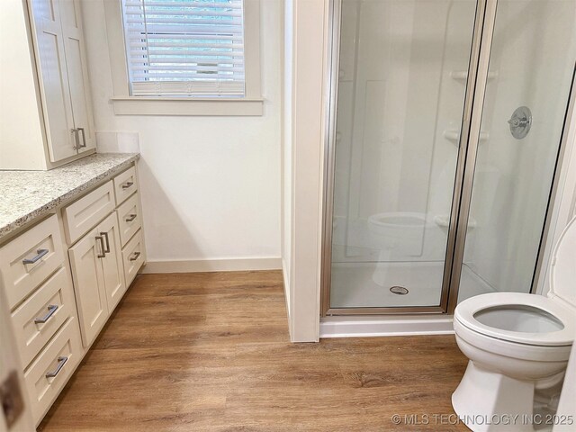 bathroom with vanity, wood-type flooring, a shower with door, and toilet