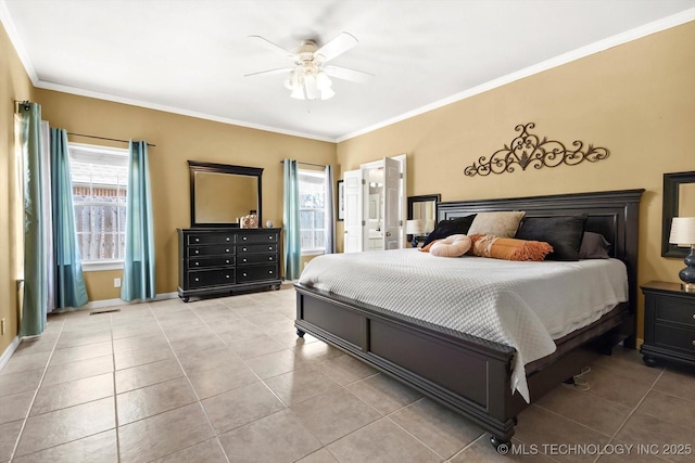 bedroom featuring crown molding, light tile patterned floors, and ceiling fan