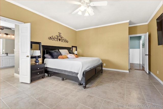 tiled bedroom with sink, ornamental molding, and ceiling fan