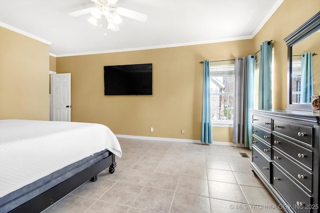 bedroom with crown molding, light tile patterned floors, and ceiling fan