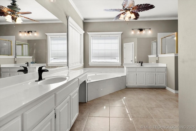 bathroom with tile patterned flooring, crown molding, and ceiling fan