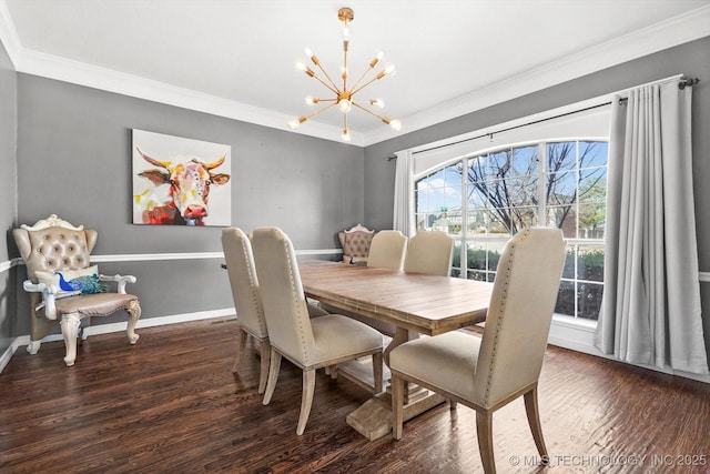 dining space with crown molding, dark hardwood / wood-style floors, and a chandelier