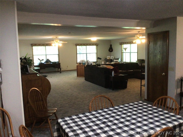 carpeted dining room featuring crown molding and ceiling fan