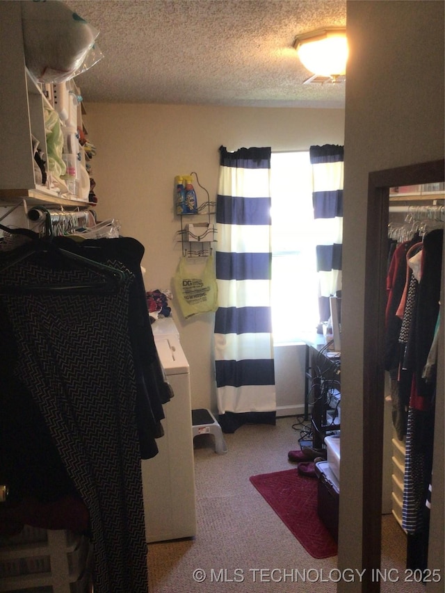 spacious closet featuring washer / dryer and carpet