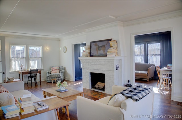 living room featuring crown molding, wood-type flooring, and a fireplace