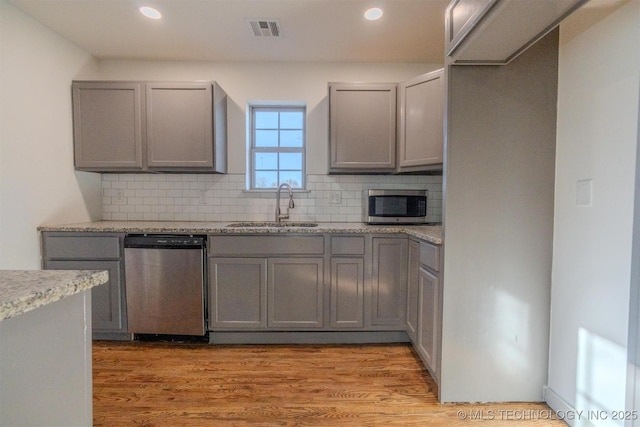 kitchen with sink, gray cabinets, and appliances with stainless steel finishes