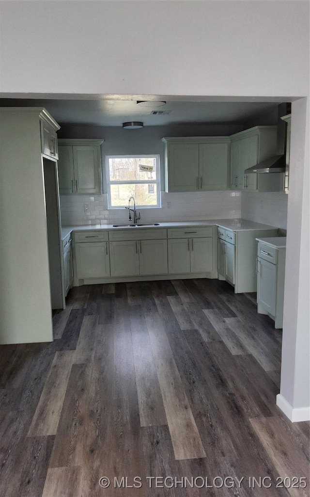 kitchen with tasteful backsplash, dark wood-type flooring, and sink