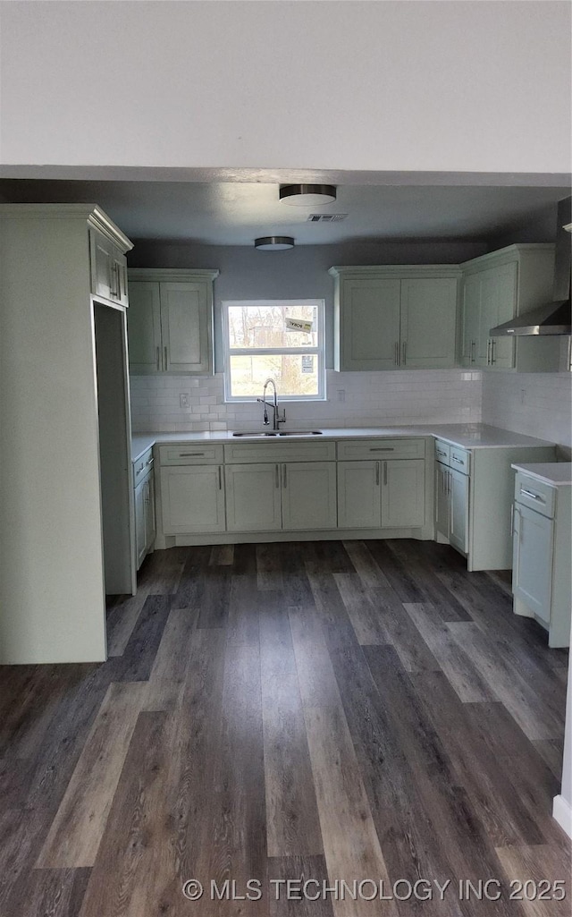 kitchen featuring tasteful backsplash, dark hardwood / wood-style floors, and sink