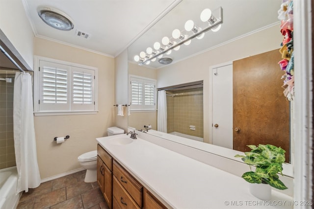 full bathroom featuring vanity, shower / tub combo, crown molding, and toilet