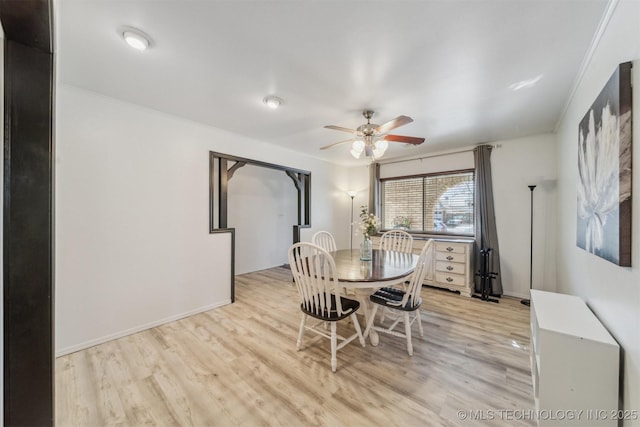 dining space with ceiling fan, ornamental molding, and light wood-type flooring