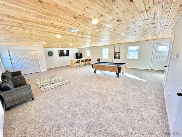 playroom with wood ceiling, pool table, and carpet