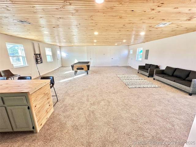 interior space featuring electric panel, wood ceiling, and billiards