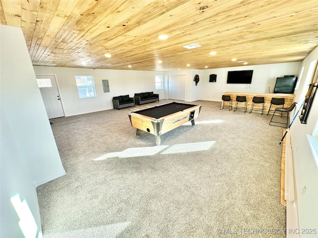 game room with wood ceiling, carpet floors, billiards, and electric panel