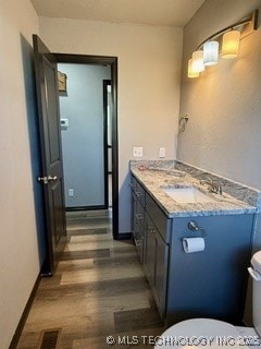 bathroom with hardwood / wood-style flooring, vanity, and toilet