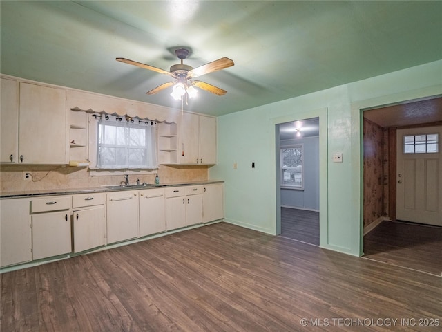 kitchen featuring ceiling fan, dark hardwood / wood-style flooring, sink, and decorative backsplash